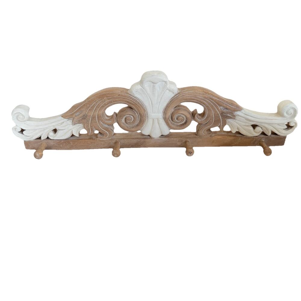 Vintage Style Carved Distressed Wood Wall Mounted Rack Rustic Country Farmhouse